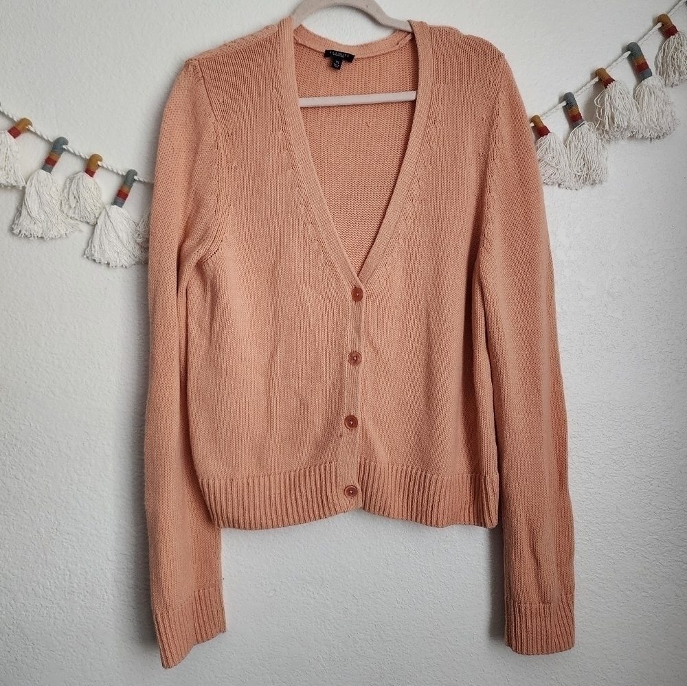 Talbots Lambswool Orange Open Knit Vneck Button Down Cardigan Cozy Chic Boho XL
